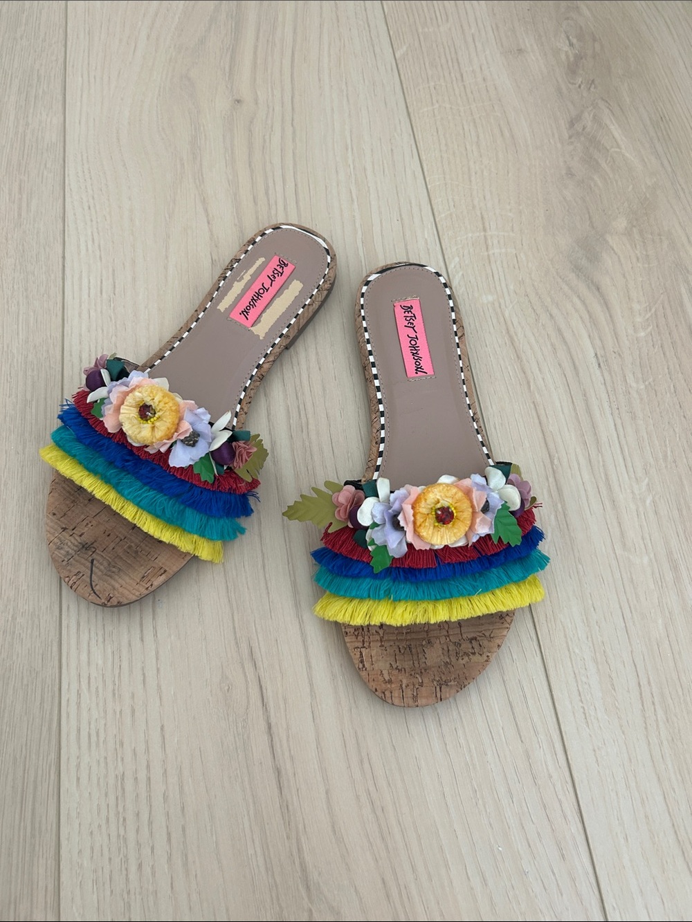 Betsey Johnson Multicolor Fringe Floral Slide Sandals
